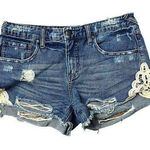 Free People Size 28 Shorts Cut Off Denim Golden Thread Destructted Lace Cotton Photo 0