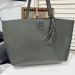 Tory Burch McGraw Tote Bag Olive Green Tassel Double T Logo Fair Condition Photo 2