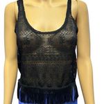 Kirra Black Semi Sheer Lacey Romantic Goth Lacey Fringe Tank Top Size XS Photo 0
