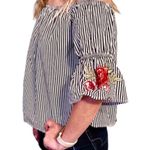 Ambiance Apparel Womens  Striped Off Shoulder Floral Embroidered Top - Sz S Photo 1