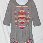 Johnny Was JOHNNY WAS Medium Gray Aztec Cross Stitch Tunic TOP V-Hem 3/4 Slv Raw Edge Art Photo 0