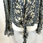 Lovestitch long bell sleeve gray and ivory floral tie front top size small Photo 2