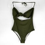 One Piece High Waisted Bandeau Cutout Swimsuit Removable Halter Straps Olive Med Green Photo 2