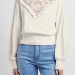 EXPRESS  Lace Front Ruffle Trim Sweatshirt Sweater Ivory Large Victorian Country‎ Photo 0