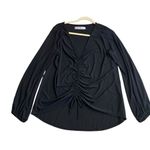 Free People  Beach Women’s M Long Sleeve Ruched‎ Top Black Textured Crepe Cinched Photo 3
