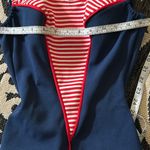 VTG 1960’s One Piece Knit Swimsuit Navy Red Sz 6/8 M Built in Bra Scoop Back Blue Photo 4