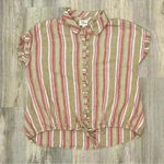 Ava James  Linen Blend Short Sleeve Button Shirt Striped Drawstring Top Size M Photo 0