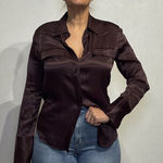 ZARA  Burgundy Satin Long Sleeve Button Down Shirt Sz M Photo 0