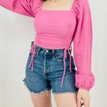 Revolve  Sophie Rue Ruched Longsleeve Cropped Top in Barbie Pink Size S Photo 4