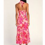 Lulus  NWOT Always Eye-Catching Hot Pink Floral Tiered Halter Midi Dress Large Photo 5