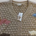 New In Taupe Colorblock Crochet Knit Button Down V neck Sweater Cardigan Size M Tan Size M Photo 3