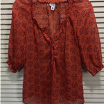 Old Navy Blouse Size XS Orange/Purple Floral Tie/Smocked Neck 1/2 Puff Sl Sheer Photo 0