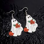 White Ghost Pumpkin‎ Pattern Dangle Earrings Retro Cute Style Wooden Jewelry Photo 2