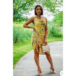 Mable Asymmetrical Yellow Floral Midi Dress Cinch Slit Cowl Neck Tropical Small Photo 0