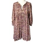 Daughters of India Kyra Mini Dress Burgundy Yellow Floral Print Cotton Sz Large Brown Photo 1