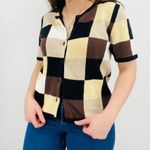 vintage earth tone checkered button down knit sweater top ramie cotton blend S Brown Photo 4