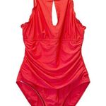 Ellen Tracy Ruched High Neck Ruffle Keyhole One-Piece Swimsuit Siren Red Size 14 Photo 1