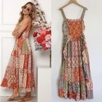 Anthropologie ATL The Label Dress Gypsiana ruffle ladies M Pink Boho Patchwork Maxi Rayon Photo 1
