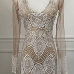 Luxxel White Crochet Lace Nude Mesh Sheath Dress Long Sleeves XS Photo 0