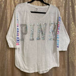 PINK - Victoria's Secret PINK Victoria’s Secret Watercolor Sequin Bling Oversized White T-Shirt, M Photo 0