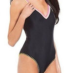 GIanni Bini Black with Neon Multicolor Crochet Trim One Piece Swimsuit Sz L NWT! Size L Photo 0