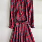 Vintage 70’s Leslie Fay ornate floral paisley challis Mod belted shirt dress Red Size 14 Photo 14