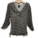 Anne Carson SILK VNECK BLACK WHITE SEQUINED LINED FLUTTER BELL SLEEVE BLOUSE TOP Photo 1