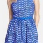 Eliza J lace eyelet belted Patterned Dress blue nude size 6 Photo 0