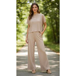 Zenana Outfitters Ribbed 2pc wide leg set cream oversized fit small Photo 2