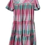 Phases Vintage Pink Green Plaid Tiered Midi Dress Sz Large Boho Preppy Romantic Photo 0