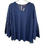 Roaman's blouse women's 24W lace bell 3/4 sleeve V neck navy blue lined Photo 0