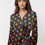 Anthropologie Cupcakes & Cashmere Multicolored Satin Geo Wrap Blouse Size Small Photo 0