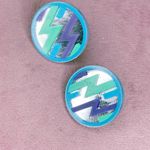 681. Chevron Mirror Plastic Vintage Clip On’s Geometric Earrings Blue Photo 3