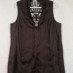 Chico's  Womens 100% Linen Long Tunic Vest‎ Top Brown Lace Blouse Size 2 Large Photo 0