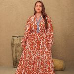 Rustty Dusty Printed Notched Long Sleeve Maxi‎ Dress Size 1XL Orange Photo 3