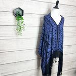 Boho Blue & Black Paisley Fringe Trim Pullover Kimono Festival Poncho Scarf Photo 2