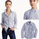 J.Crew Perfect Pinstripe Button Up Bee Insect Embellishment Jewels Blue White 0 Photo 1
