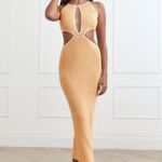 San Sloane Dress Adrian Ribbed Peach Cut Out Plunge Bodycon Midi Dress Medium Photo 5