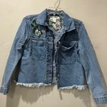 H&M  Love Coachella Denim Jacket Womens 10 Blue Raw Hem Flower Embroidered Casual Photo 1