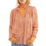 Free People  Lela Floral Smocked Ruffle Blouse Coral Size Medium Boho Sheer Photo 1