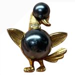 Charming Retro Style Gold Tone Duck Pin with Dark Pearls Accent Costume Jewelry Photo 0