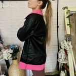 Boutique Black Leather Pink Sherpa Coat Photo 4