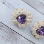 Vintage Screw On Earrings Beige with Heart Shape Purple Center Photo 2