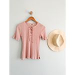 Madewell  | NWT Ribbed Lace-Up Short-Sleeve Tee in Pale Blush | XS Photo 2
