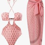 Swimsuit with Beach Cover up Wrap Skirt Sarong Pink Size M Photo 0