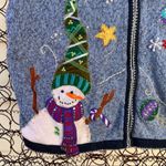 Vintage Ugly Christmas Zip Up Cardigan featuring snowman winter flurry 18W/20W Blue Photo 3