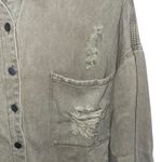 The Post Distressed Denim Jacket Khaki Green Raw Hem Pockets Button Front Size S Photo 3
