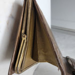 Antique Tooled Leather Clutch Handbag Brown Gold Taffeta Kiss Lock Handle Purse Photo 12