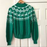 Maje Mascot Sweater Fair-Isle Green & White Knit Blouson Sleeves sz 3 = US 8 Photo 6