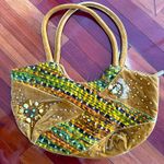Vintage Velvet Boho Bag Beaded Embellished Crescent Moon Purse ERMO Caramel Tan Orange Photo 0